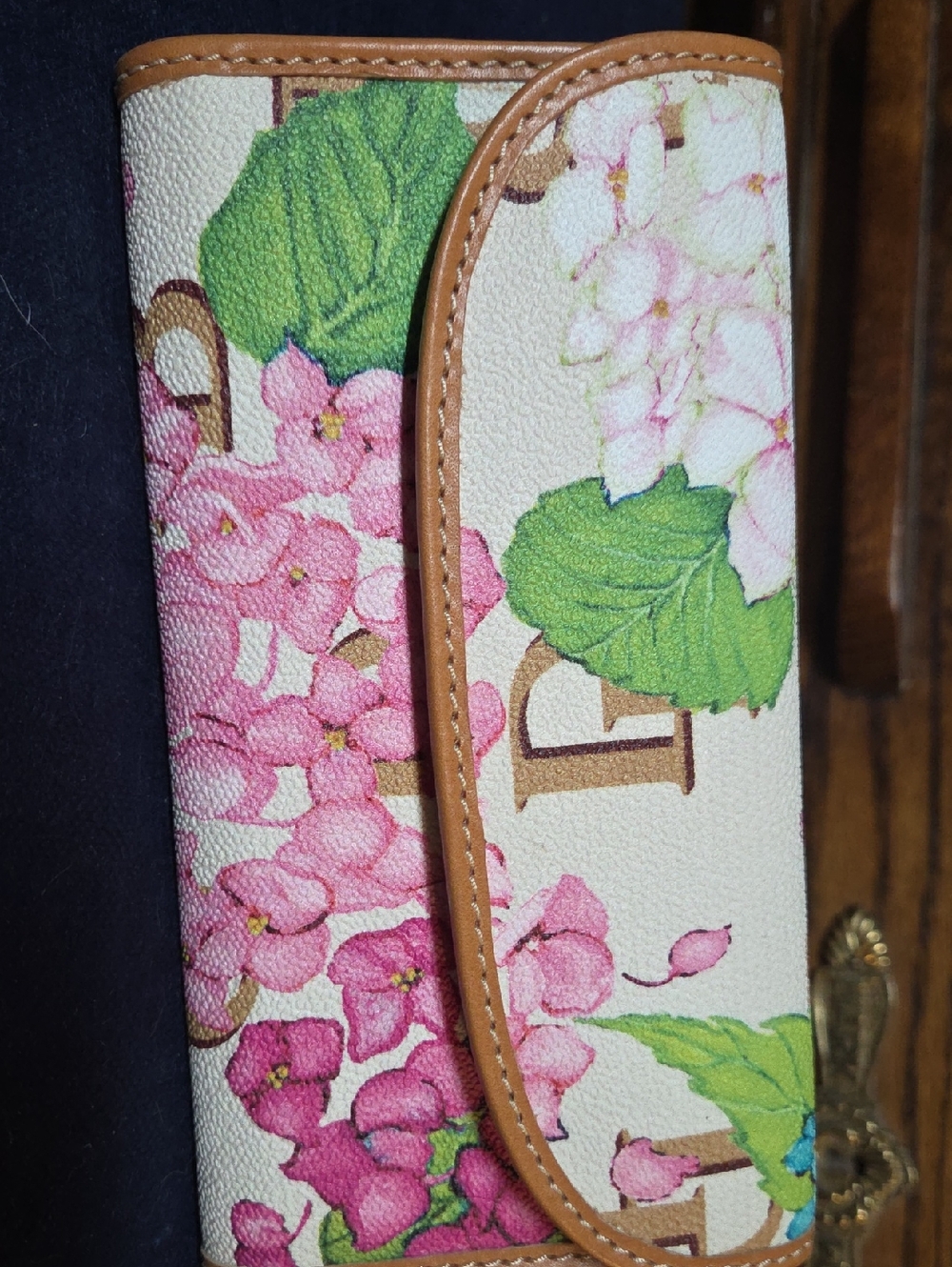 Floral Pink Hydrangea Wallet with Tan Trim